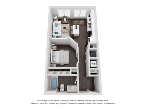 Floor plan for 1 bed, 1 bath, 588 sqft